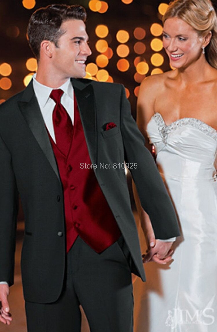 남성용 결혼식 정장 신랑 검은 색 신랑 착용 Windowpane 턱시도 양모 빨간색 양복 조끼 무료 배송